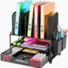 Simple Trending Desk File Organizer with Sliding Drawer, Metal Mesh Double Tray and 5 Upright Section Sorter and 2 Pen Holder, Black