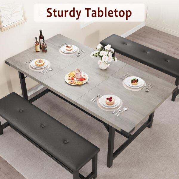 IDEALHOUSE 3 Piece Dining Table Set for 4-6, 63" Extendable Kitchen Table and Bench Set for 6, Metal Frame Rectangle Kitchen Table Set with 2 Upholstered Benches for Dining Room, Apartment, Retro Gray