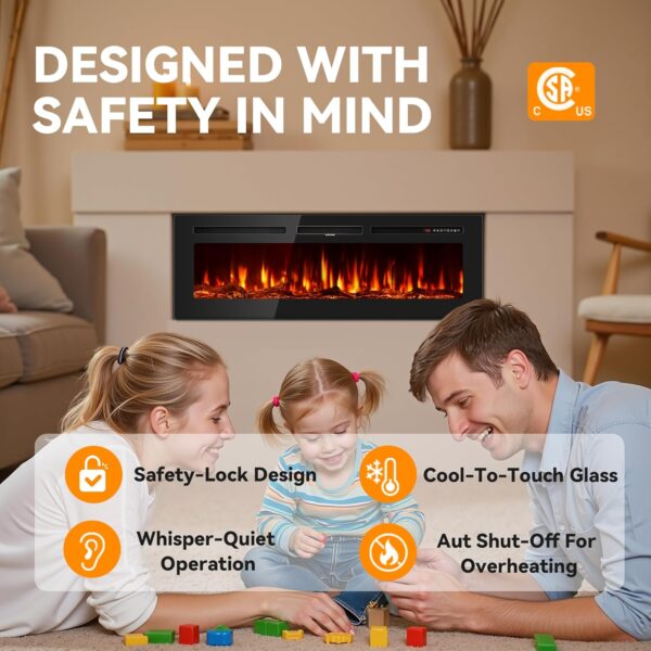 60 Inch Electric Fireplace in-Wall Recessed and Wall Mounted, Ultra-Thin Linear Fireplace Heater 750/1500W with Realistic Flame, Higher Temperatures & Lower Noise, Log Set & Crystal Options