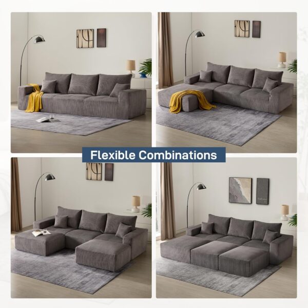 Sectional Modern Sleeper Sofa Couches for Living Room-113'' Grey 3 Seater U-Shaped Lounge Cloud Couch-No Assembly Modular Corduroy Convertible Sponge Compression Sofas with Chaise for Home House