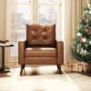 Wahson Office Chairs PU Accent Arm Chair with Tufted Back, Faux Leather Comfy Upholstered Single Sofa, Mid Century Modern Side Club Chair with Wood Legs for Reading/Living Room/Bedroom, Caramel