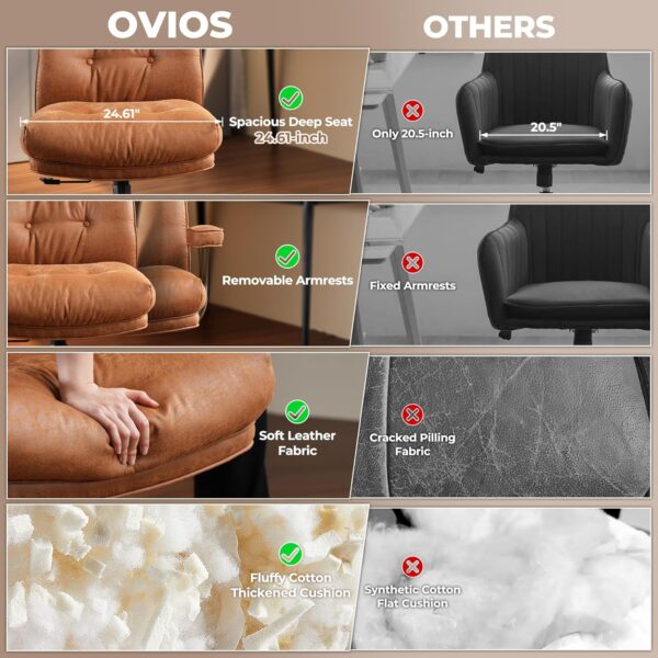 ovios Ergonomic Home Office Chair, Mid-Century Modern Leather Chair with Lumbar Support, High Back Swivel Rolling Executive Chair with Comfy Thick Cushion (Brown, Suede Leather)