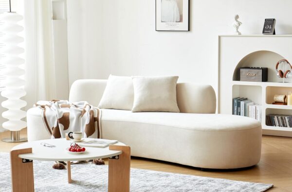 90" Curved Sofa with Throw Pillows, 4 Seater Luxury Velvet Couch with Half Moon Design and High-Density Foam, Ideal for Modern Living Room, Office and Apartment, Ivory