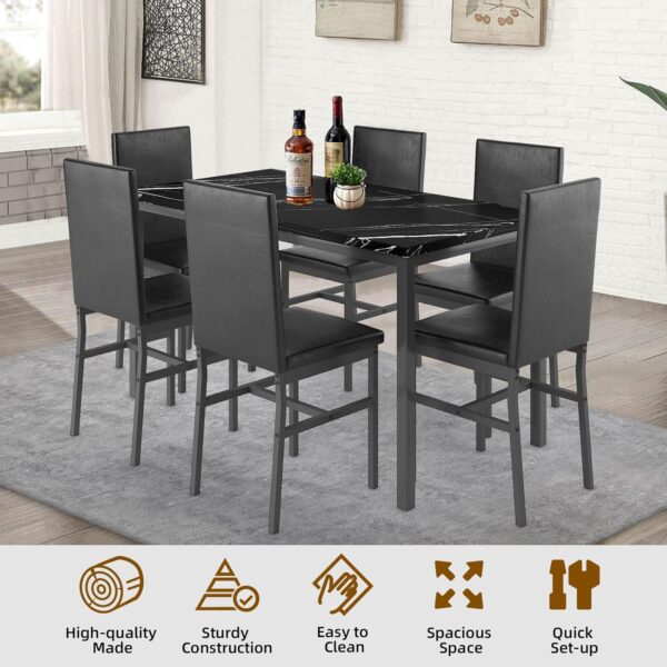 Dining Table Set for 6 - Kitchen Table Chairs Set,Faux Marble Kitchen Table,PU Leather Chairs,Kitchen Table Chairs Set for Dining Room,Small Apartment (Black 1+6)