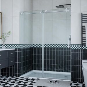 Shower Door, 56-60" W × 76" H Frameless Sliding Shower Door,Waterproof Glass Shower Door with Stainless Steel Handle and Seal Strip, 5/16" (8mm) Easy-Clean Tempered Glass, Brushed Nickel