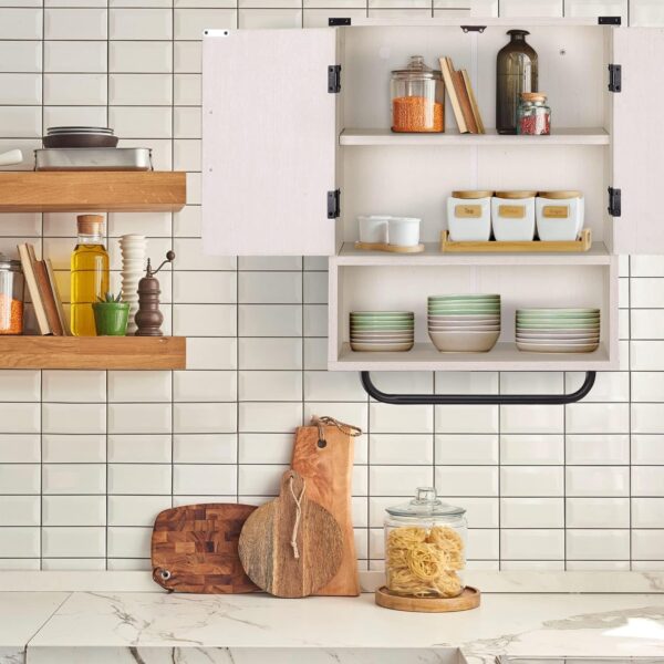 RUSTOWN Farmhouse Wall Storage Cabinet with Two Barn Door, Rustic Mounted Medicine Cabinet with Adjustable Shelf and Towel Bar, 3-Tier Wood Cabinet for Kitchen, Bathroom, Living Room (Vintage White)