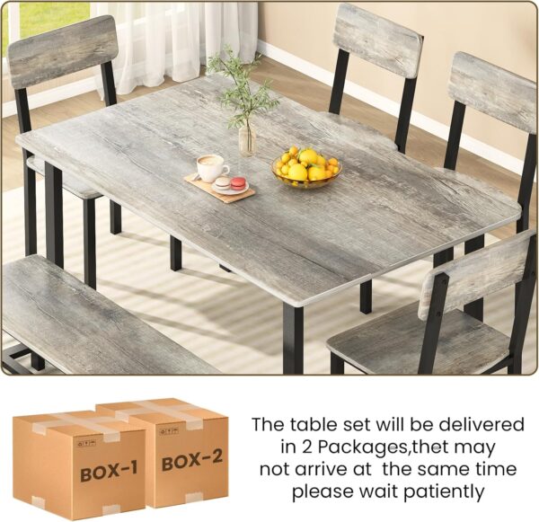 AWQM 6-Piece Dining Set, Modern Dining Table Set for 4-6,Kitchen Table Set with Chairs and Bench,Dining Room Table Set with Metal Frame & MDF Board, Table & Chairs Set for Small Space,Apartment,Grey