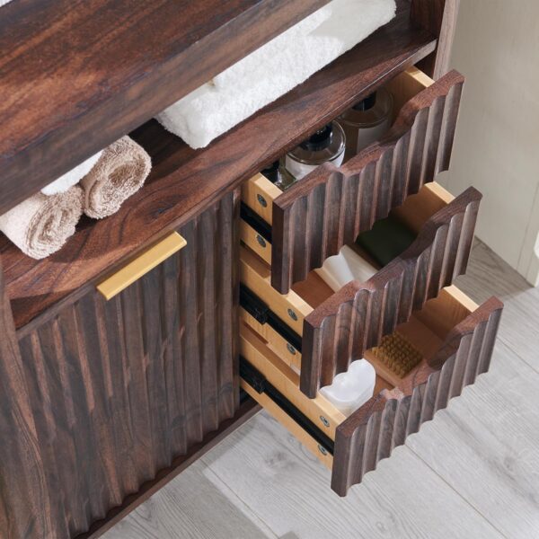 T4TREAM Fluted Bathroom Floor Cabinet with Sliding Door, Modern 3 Drawers Storage Organizer w/Adjustable Shelf and Faux Marble Top, Small Curved Profile Wood Cabinet for Bathroom, Kitchen, Dark Walnut