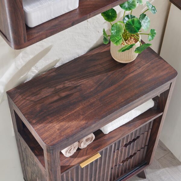 T4TREAM Fluted Bathroom Floor Cabinet with Sliding Door, Modern 3 Drawers Storage Organizer w/Adjustable Shelf and Faux Marble Top, Small Curved Profile Wood Cabinet for Bathroom, Kitchen, Dark Walnut