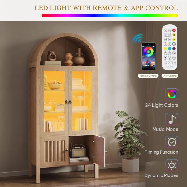 DWVO 71" Tall Arched Cabinet Kitchen Pantry with LED Light/Wood Kitchen Storage Cabinets with Tempered Glass Doors and Adjustable Shelves/Bookcase Cabinet with Storage for Kitchen, Dining- Natrual