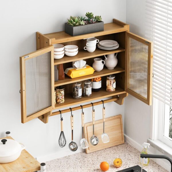 Farmhouse Medicine Cabinet with Glass Doors, Wood Wall Storage Cabinet, Rustic Bathroom Cabinet with 3-Tier Shelves and Towel Bar for Bathroom Kitchen Living Room (Light Walnut)