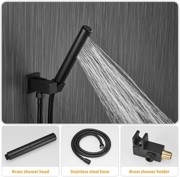 BESy Shower System with 12 Inch Rain Shower Head and Handheld Wall Mounted, High Pressure Rainfall Shower Faucet Fixture Combo Set with 2 in 1 Handheld Showerhead for Bathroom, Matte Black