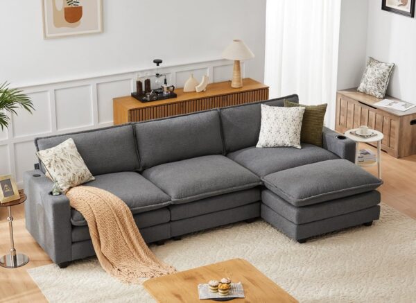 117" L Shaped Modern Sofa Modular Sectional Cloud Couch with Ottoman & Built-in Charging Ports & Cup Holders, 4-seat Deep Seat Sofa with Pillow for Living Room, Bedroom, and Apartment, Gray