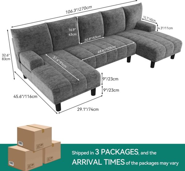 YITAHOME Sectional Couches for Living Room, U Shaped Couch with USB & Type C Charging Ports Chenille Modern Cloud Sofa Double Chaise Sofa Upholstered Couch for Office Apartmant Small Space, Grey