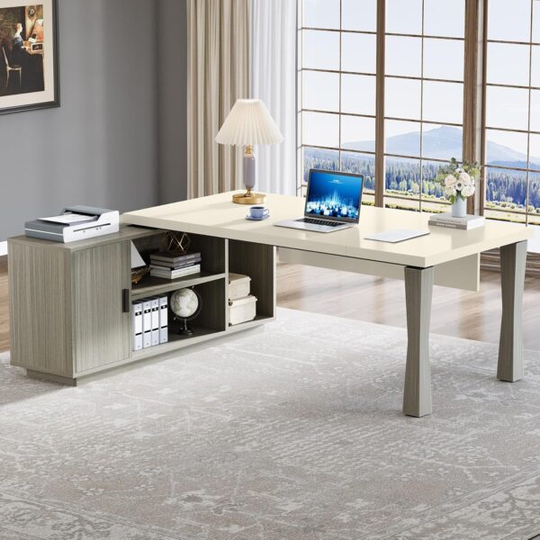 Tribesigns 78.7-Inch Executive Desk, L-Shaped Desk with Cabinet, Large Office Desk with Storage Shelves, Writing Table Desk Business Furniture Set for Home Office, Gray and Cream White