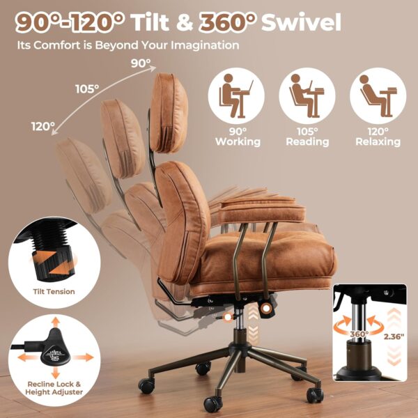 ovios Ergonomic Home Office Chair, Mid-Century Modern Leather Chair with Lumbar Support, High Back Swivel Rolling Executive Chair with Comfy Thick Cushion (Brown, Suede Leather)