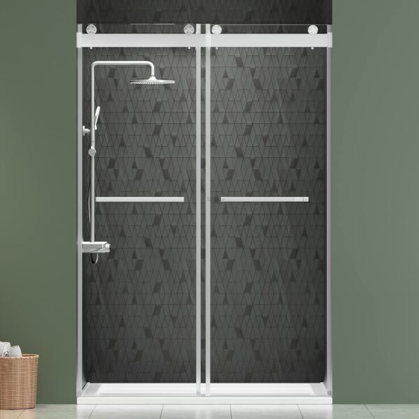 DELAVIN 44"-48" W x 75" H Frameless Shower Door, Double Sliding Shower Door, 5/16"(8mm) Clear Tempered Glass, Noiseless Shatterproof Glass Shower Door with Square Rail, Stainless Steel, Aluminum
