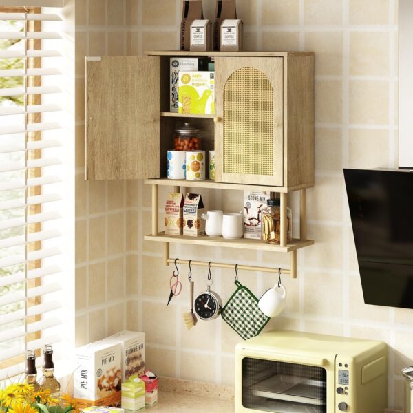 RUSTOWN Rattan Bathroom Wall Cabinet, Modern Boho Medicine Cabinet with Two Arched Rattan Doors, Over The Toilet Storage Cabinet with Adjustable Shelf and Towel Bar for Bathroom (Natural,Medium)