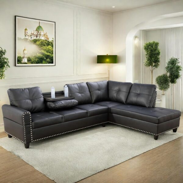 Leather Sectional Couch Sofa, Modern Nail-Head Design L Shaped Sectional Sofa for Living Room, 4 Seat L Couch with Cup Holder for Bedroom, Black ZA