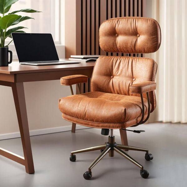 ovios Ergonomic Home Office Chair, Mid-Century Modern Leather Chair with Lumbar Support, High Back Swivel Rolling Executive Chair with Comfy Thick Cushion (Brown, Suede Leather)