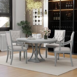 Merax Retro 5-Piece Dining Set with Extendable Round Table and 4 Chairs for Kitchen, Antique Grey