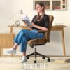 Brown Leather Office Desk Chair with Wheels and Arms, Height Adjustable, Vintage, Mid Century Modern Style