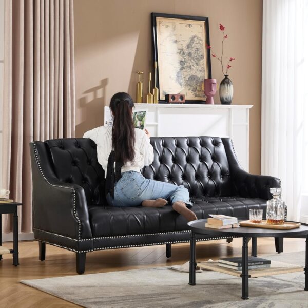 chairus Mid-Century Modern 74.5" Faux Leather Sofa, 3 Seater Tufted Upholstered Couch with High Back & Nailhead Trim, Chesterfield Sofa for Living Room Bedroom Apartment Office, Black PU