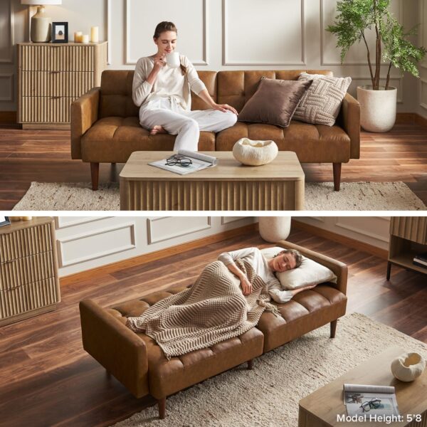 mopio Aaron Couch, Small Futon Sofa Bed, Sleeper, Loveseat, Mid Century Modern Futon Couch, Sofa Cama, Couches for Living Room, Bedroom (Sage Green, Faux Leather)