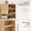 Fluted Wall Cabinet Bathroom, Modern Medicine Cabinet with Sliding Door Adjustable Shelf Wood Storage Cabinet Wall Mounted for Kitchen Dining Room Living Room, Natural Oak
