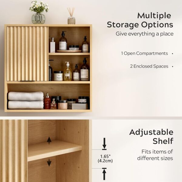 Fluted Wall Cabinet Bathroom, Modern Medicine Cabinet with Sliding Door Adjustable Shelf Wood Storage Cabinet Wall Mounted for Kitchen Dining Room Living Room, Natural Oak