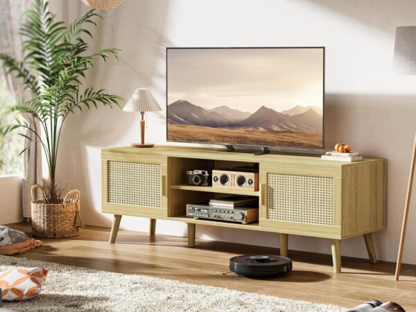 SUPERJARE Boho TV Stand for 65 Inch TV, Entertainment Center with Adjustable Shelf, Rattan TV Console with 2 Cabinets, Media Console, Solid Wood Feet, 4 Cord Holes, for Living Room - Natural