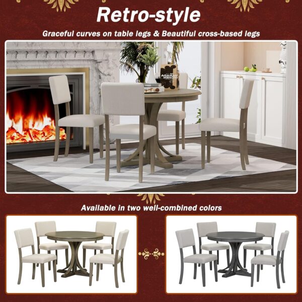 Merax 5-Piece Retro Round Dining Table Set with Curved Trestle Style Legs and 4 Upholstered Chairs, Kitchen Furniture, Taupe