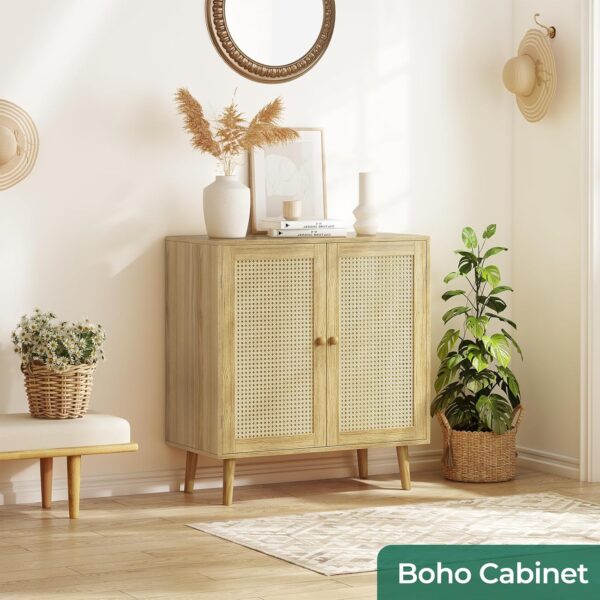Huuger Buffet Cabinet with Storage, Storage Cabinet with PE Rattan Decor Doors, Accent Cabinet with Solid Wood Feet, Sideboard Cabinet for Hallway, Entry, Living Room, Natural