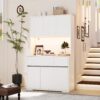 White Kitchen Pantry Cabinet with Power Outlets, LED Lights and 3 Drawers, Tall Cabinet with Adjustable Shelves and Countertop