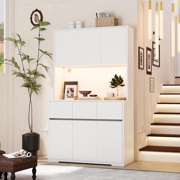 White Kitchen Pantry Cabinet with Power Outlets, LED Lights and 3 Drawers, Tall Cabinet with Adjustable Shelves and Countertop