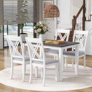 Merax Dining Table Set for 4, Rustic Minimalist Wood 5-Piece Dining Table Set with 4 X-Back Chairs, Dining Room Set for Small Places, Gray