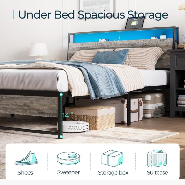 LINSY Full Bed Frame with Storage, Ergonomic Headboard, 14 inch Fast Assembly Metal Bed with Lights, Outlets & USB, Full Size, Noise Free, No Box Spring Needed, Greige