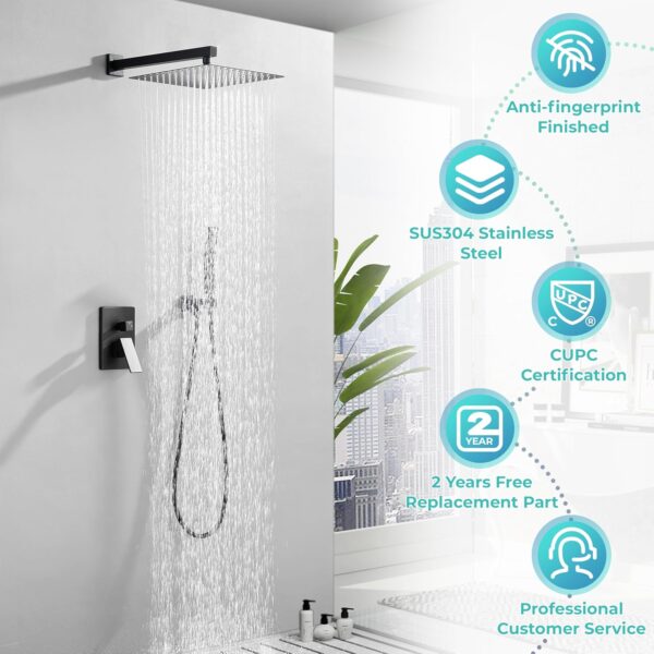818sBtt2fuL._AC_SL1500_.jpg WELLFOR 12-In Wall Mounted Rain Shower Faucet with Single Handle and Handheld Spray, Waterfall Dual Head Shower Head System with 2-way Diverter, Pressure-balanced Valve Included, Matte Black