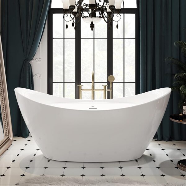 FerdY Boracay 67" Acrylic Freestanding Bathtub, Gracefully Shaped Contemporary Design Bathtub with Brushed Nickel Drain, Integrated Slotted Overflow, Glossy White, cUPC Certified, 02503