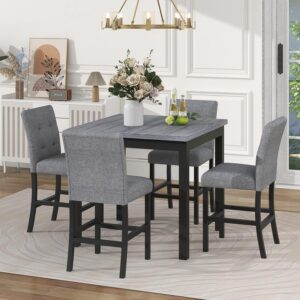 Merax 5 Piece Counter Height Kitchen Table Set,Wood Dining Table Set for 4,Rectangle Table with 4 Upholstered Dining Chairs for Kitchen Apartment,Black