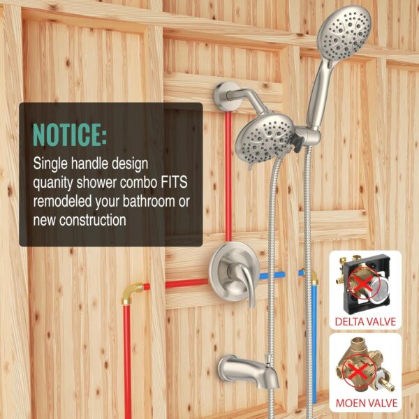 SR SUN RISE Shower System with Tub Spout Rain Shower Tub Set, High Pressure 35-Function Dual 2-in-1 Shower Combo Faucet with Valve, Patented 3-Way Water Diverter in Brushed Nickel (Valve Included)