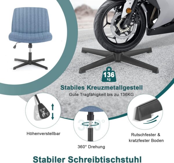 DUMOS Criss Cross Legged Office Chair, Armless Wide Seat No Wheels, Modern Home Desk Height Adjustable Swivel Fabric Vanity Seating for Bedroom