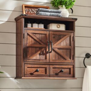 Bathroom Wall Cabinet, Farmhouse Medicine Cabinet, 24" Wide Bathroom Cabinet with Drawer, Adjustable Shelf, Double Barn Doors, Storage Cabinet for Bathroom, Kitchen, Living Room, Brown