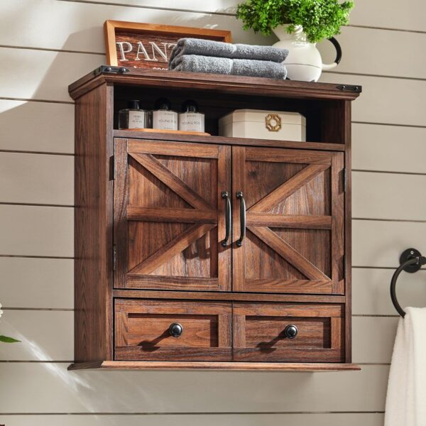 Bathroom Wall Cabinet, Farmhouse Medicine Cabinet, 24" Wide Bathroom Cabinet with Drawer, Adjustable Shelf, Double Barn Doors, Storage Cabinet for Bathroom, Kitchen, Living Room, Brown