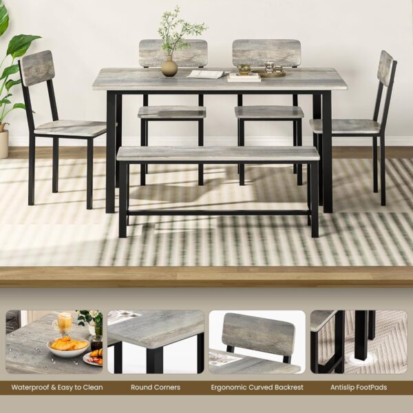 AWQM 6-Piece Dining Set, Modern Dining Table Set for 4-6,Kitchen Table Set with Chairs and Bench,Dining Room Table Set with Metal Frame & MDF Board, Table & Chairs Set for Small Space,Apartment,Grey