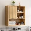 Fluted Wall Cabinet Bathroom, Modern Medicine Cabinet with Sliding Door Adjustable Shelf Wood Storage Cabinet Wall Mounted for Kitchen Dining Room Living Room, Natural Oak