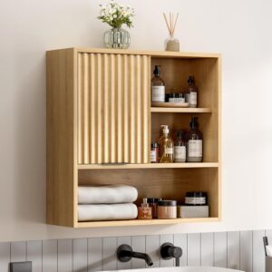 Fluted Wall Cabinet Bathroom, Modern Medicine Cabinet with Sliding Door Adjustable Shelf Wood Storage Cabinet Wall Mounted for Kitchen Dining Room Living Room, Natural Oak