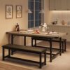 IDEALHOUSE 3 Piece Dining Table Set for 4-6, 63" Extendable Kitchen Table and Bench Set for 6, Metal Frame Rectangle Kitchen Table Set with 2 Upholstered Benches for Dining Room, Apartment, Retro Gray
