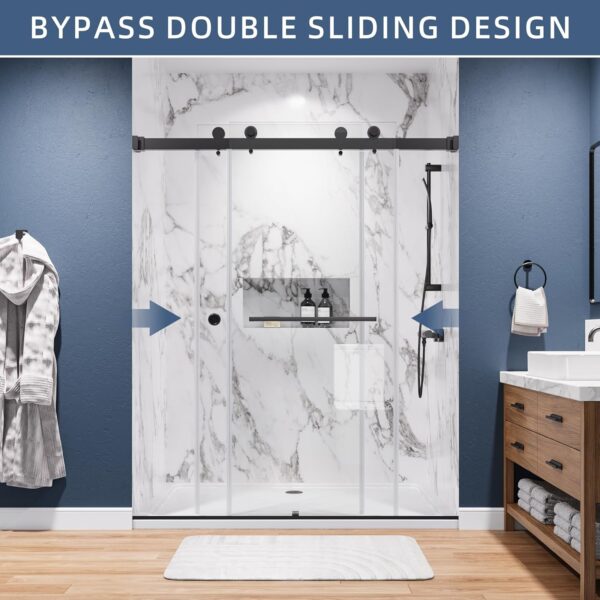 55-59" W x 72" H Frameless Shower Door Double Sliding Bathroom Door, Reversible Door Installation, Clear Tempered Glass, 304 Stainless Steel, Matte Black