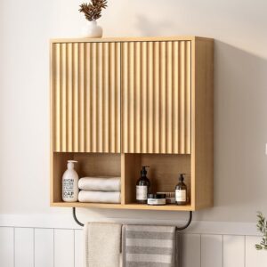Fluted Bathroom Wall Cabinet, Wooden Medicine Cabinet Storage with Hanging Rod 2 Doors, Adjustable Shelf, Modern Wall Mount Large Floating Cabinet for Kitchen Laundry Room Natural Oak